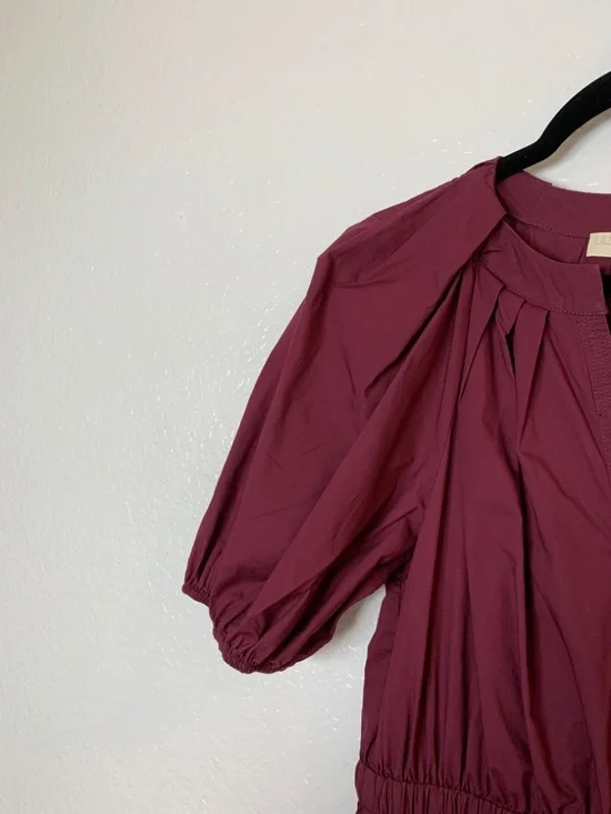 Ulla Johnson Olina Puff-Sleeve Tiered Cotton Poplin Dress Womens 8 Burgundy Boho - Picture 7 of 15